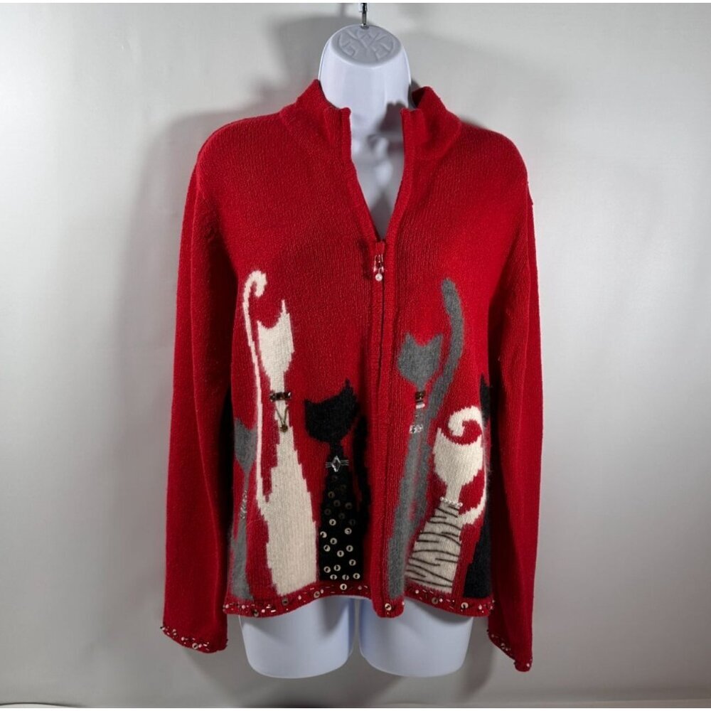 Coldwater‎ Creek Red Bejeweled Cats Kitchy Zip Sweater Jacket Size L - Picture 2 of 16
